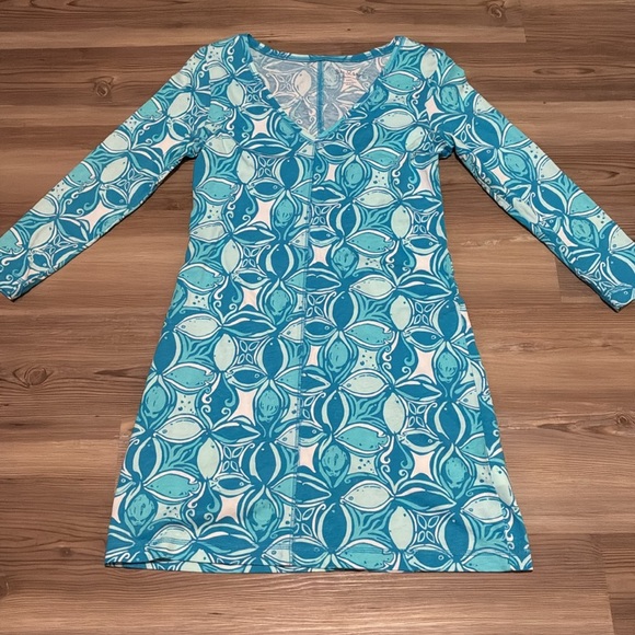 Lilly Pulitzer Juliet T-shirt Dress Turquoise White 3/4 sleeves V-neck Size S - Picture 2 of 9